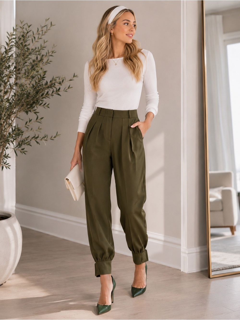 Torn by Ronny Kobo Olive Green Tapered Pleated Pants XS Missing Cuff Buttons